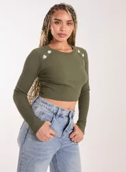 Womens Heart Embellishment Rib Knit Top - Khaki - Size Medium/large
