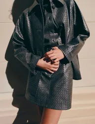 Leather Look Woven Effect Mini A-Line Skirt Black female