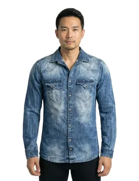 Camicia A Maniche Lunghe Riley Denim Denim Blue M - Brandit - FashionsVida