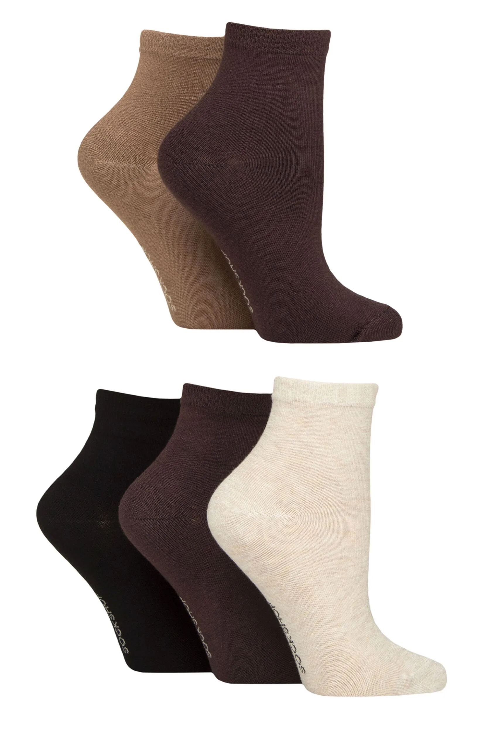 Women's 5 Pair Plain and Patterned Bamboo Anklet Socks Plain Cocoa 4-8 - Brown - Size: Small - SockShop - FashionsVida
