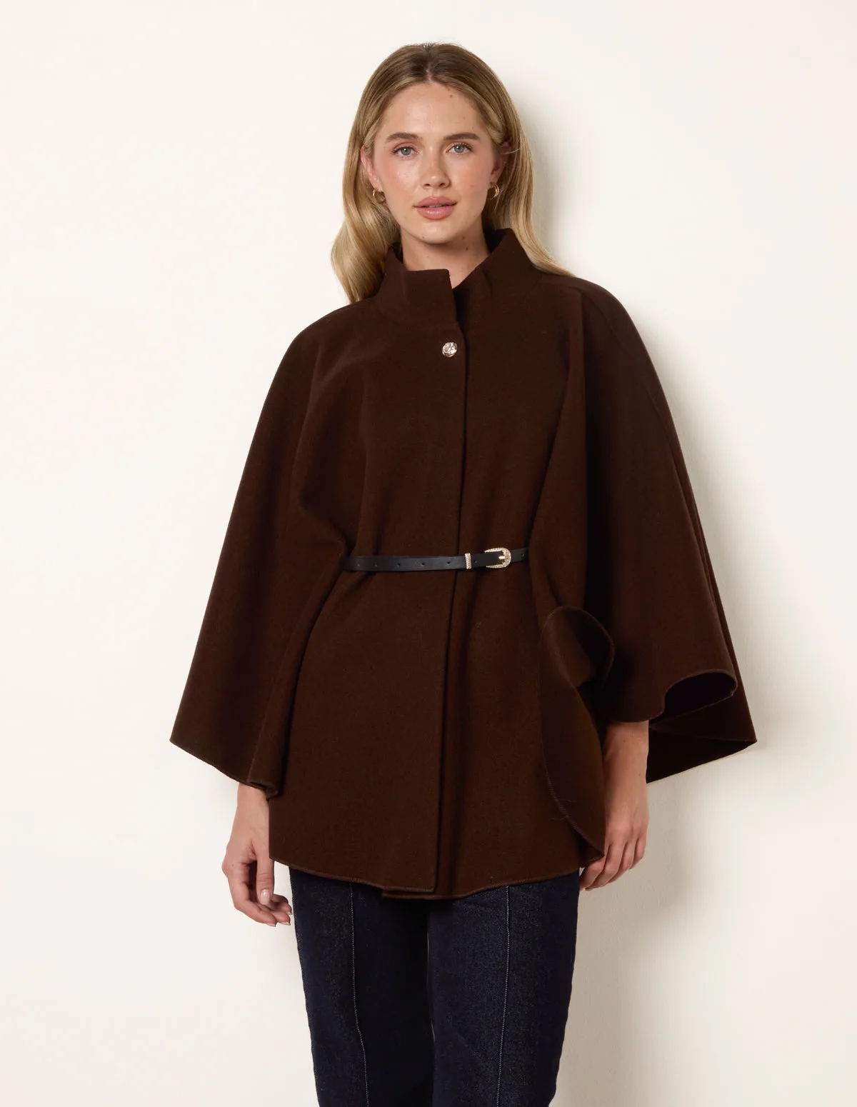 Funnel Neck Tie Front Cape - ONE / CHOCOLATE - female - Blue Vanilla - FashionsVida