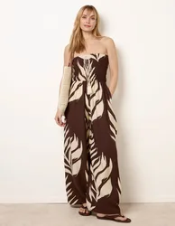 Printed Bandeau Tie Neck Shirred Jumpsuit - S/M / CHOCOLATE - female