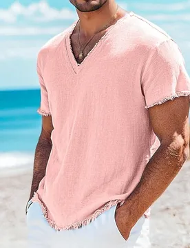 Summer Men's New Solid Color Short-sleeved T-shirt V-neck Rough Edge Design - Aliexpress - FashionsVida