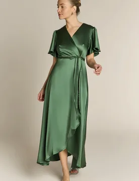Florence Waterfall Dress in Olive Green Satin - 8 - Rewritten - FashionsVida