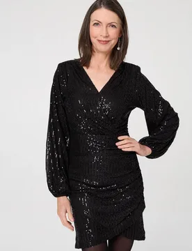 Sequinned Long Sleeve Short Wrap Dress - Black - Size: 10 - Izabel London - FashionsVida