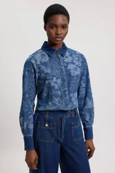 Women's Jacquard Denim Contrast Collar & Cuff Shirt in Mid Blue Size: 16 - Mid Blue - Size: 16