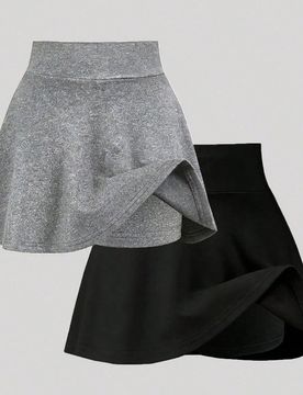 Conjunto de 2 faldas-pantalón anti-rozaduras para niña joven, falda de línea A de punto liso de verano con pantalones cortos integrados, para la es