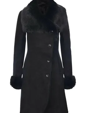 Women's Suede Merino Shearling Coat with Toscana Collar-Hanoi in Black Size: 8 - Black - Size: 8 - Infinity Leather - FashionsVida