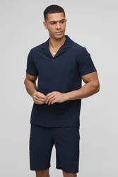 Men's Regular Fit Seersucker Stripe Shirt & Short Set Navy Size Medium Navy M
