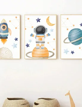 Pieza Arte de pared en lienzo enmarcado, decoración de guardería con tema espacial, cohete de dibujos animados, astronauta de pie sobre un planeta a - Shein - FashionsVida