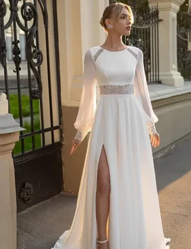 Classic Long Sleeves White Chiffon Pleated Wedding Dress A-Line Lace Beaded O-Neck Floor Length Simple Court Train Customized - Aliexpress - FashionsVida