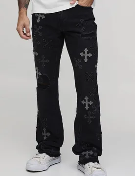 Men's Distressed Applique Gusset Raw Hem Stacked Flared Jeans Washed Black Size 34 Washed Black 34 - boohooMAN - FashionsVida