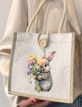 Pieza Bolso de lona con estampado de conejo y mariposa - Reutilizable, bolso de compras estampado para mujeres, con asas dobles, gran capacidad, bolso