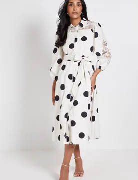 Women's Petite Polka Dot Cotton Cutwork Detail Shirt Dress in Ivory Size: 18 - Ivory - Size: 18 - Wallis - FashionsVida