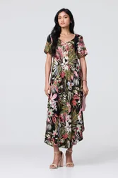 Tropical Print 1/2 Sleeve Maxi Dress - Black - Size: 8