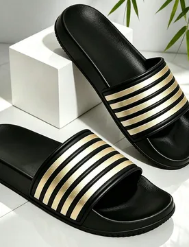 Par de sandalias clásicas de rayas negras & doradas sin cordones, suela suave & elástica, adecuadas para uso diario, hogar, exterior, playa y talla - Shein - FashionsVida