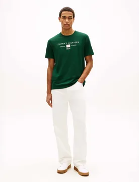T-shirt mezza manica verde con logo stampato frontale - Tommy hilfiger - FashionsVida