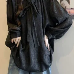Design Lace-up Waist Long-sleeved Shirt Women's New Loose and Thin Top