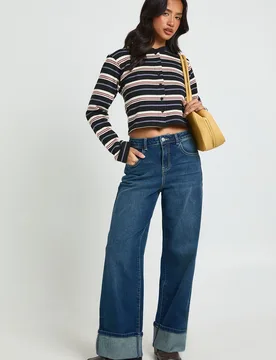 Womens Petite Turn Up High Waist Wide Leg Jean - Blue Cotton - Size 16 Uk - Boohoo - FashionsVida