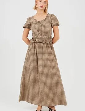 Short Puff Womens Sleeve Check Maxi Dress - - Size: S - Brave soul - FashionsVida
