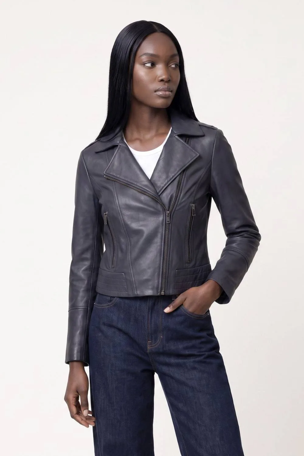 Armin Leather Biker Jacket - Blue - Size: 14 - ELLE - FashionsVida