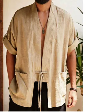 GOLDREDY Camisa Cardigan Kimono de Manga Corta con Botones y Bolsillo Ajustable, Holgada y Abierta al Frente con Lazo, Ropa Tradicional Asiática de V - Shein - FashionsVida
