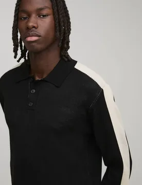 Herren Regular Langarm Colour Block Gestricktes Poloshirt Black Größe Small - boohooMAN - FashionsVida