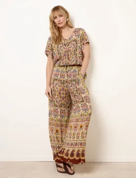 Printed Shirred Waist Trousers - XL / MULTI - female - Blue Vanilla - FashionsVida