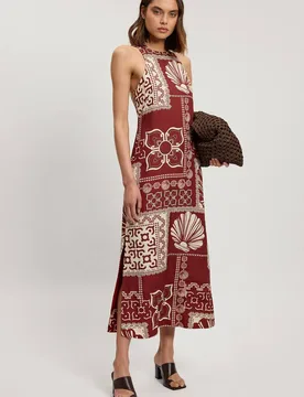 Women's Petite Linen Viscose Tile Print Woven Midi Dress in Brown Size: 8 - Brown - Size: 8 - Karen millen - FashionsVida