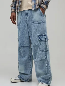 Mens Washed Cargo Baggy Fit Jeans - Blue Cotton - Size 34 Regular - boohooMAN - FashionsVida