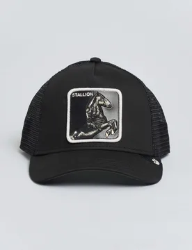 Berretto trucker Stallion nero con patch cavallo rampante in similpelle - Goorin Bros - FashionsVida