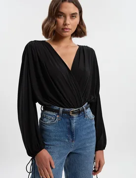 Womens Stretch Drapey Crepe Ruched Plunge Neck Batwing Sleeve Bodysuit - Black - Size Large - Karen millen - FashionsVida