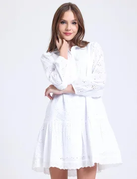 Womens Woven Collar Long Sleeve Mini Shirt Dress - White - Size Medium - Hiccup - FashionsVida
