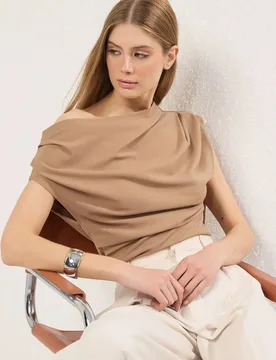 Women's Regular Fit Asymmetric Off-Shoulder Draped Knit Blouse in Stone Size: XS - Stone - Size: XS - HOXTON GAL - FashionsVida