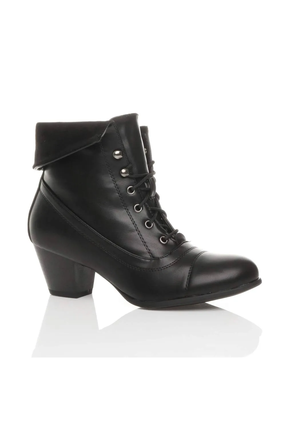 Mid Cuban Heel Pixie Lace Up Granny Ankle Boots - Black - Size: 7 - Ajvani - FashionsVida