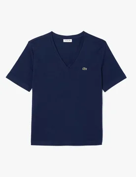 T-shirt boxy blu con scollo a V in cotone con coccodrillo verde ricamato sul petto - Lacoste - FashionsVida