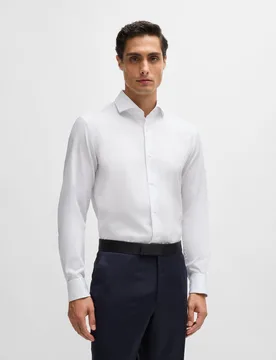 Camicia bianca Spread in micro piquè di cotone stretch con colletto aperto alla francese e polso doppio - BOSS - FashionsVida
