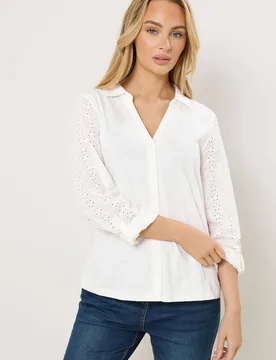 Women's Broderie Sleeve Shirt in White Size: 14 - White - Size: 14 - M&Co - FashionsVida