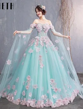Ice Blue Quinceanera Dresses With Cape Elegant Appliques Off Shoulder Evening Dresses Lace 3D Flower A Line Birthday Party Dress - Aliexpress - FashionsVida