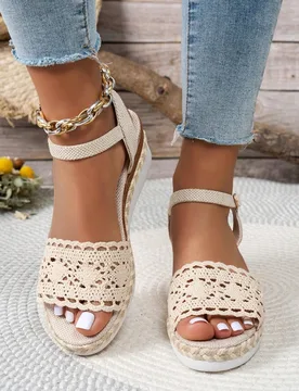 Sandalias de cuña de talla grande para mujer, diseño de tira ancha tejida de cuerda para el verano, de punta abierta, transpirables y cómodas, con - Shein - FashionsVida