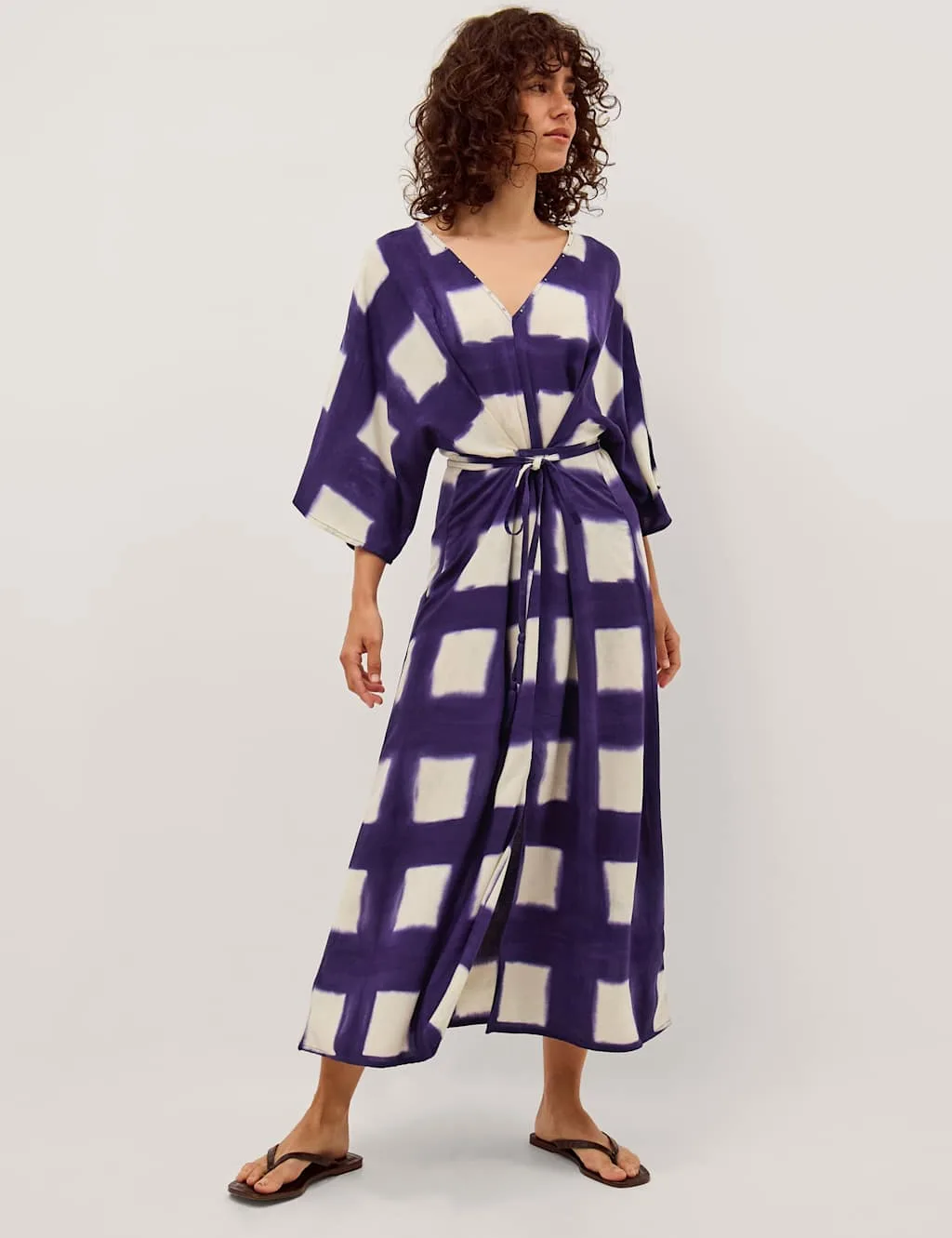 Check Midaxi Kaftan Dress Navy Mix female - Monsoon - FashionsVida