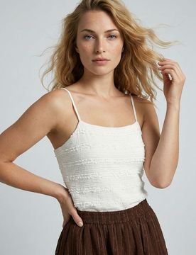 Top in tessuto strutturato con spalline sottili - panna