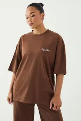 Womens Script Embroidered Oversized T-Shirt - Mocha Cotton - Size Medium