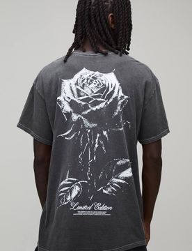 Herren Übergroßes Rosen-Print Gewaschenes Oberteil Washed Charcoal Größe Small