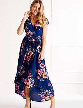 Women's Blue Floral Wrap Over Dipped Hem Midi Dress in Navy Size: 12 - Navy - Size: 12 - Mela - FashionsVida