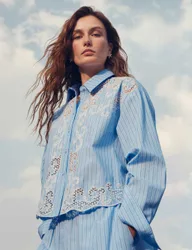 Pure Cotton Embroidered Striped Shirt Blue Mix female
