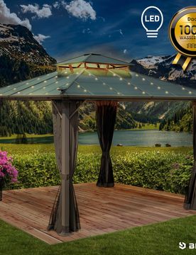 Alu Pavillon PAGODE 3,5x3,5m dunkelgrau mit Moskitonetz und LED-Beleuchtung