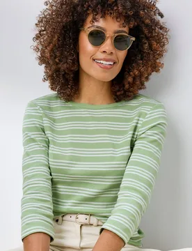 Women's Wrinkle Free 3/4 Sleeve Boat Neck Stripe Top in Light Green Size: 16 - Light Green - Size: 16 - Cotton Traders - FashionsVida