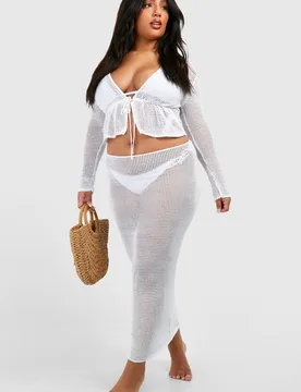 Womens Plus Long Sleeve Tie Top And Skirt Beach Co-Ord - White - Size 20 Uk - Boohoo - FashionsVida