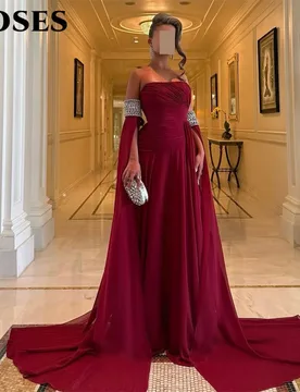 ROSES Burgundy Chiffon Prom Dress Strapless A Line Night Dress with Embellished Cape Sleeve Celebrity Dress for Woman Customized - Aliexpress - FashionsVida